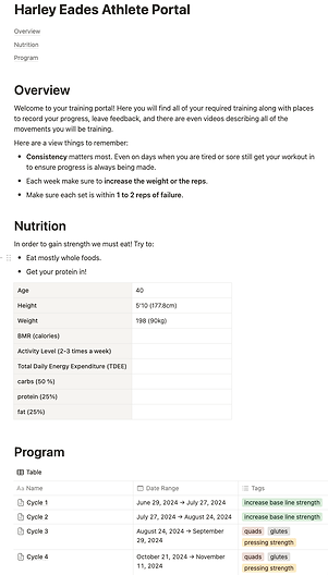 Athlete portal with training overview, nutrition goals, and a structured program for strength gains.