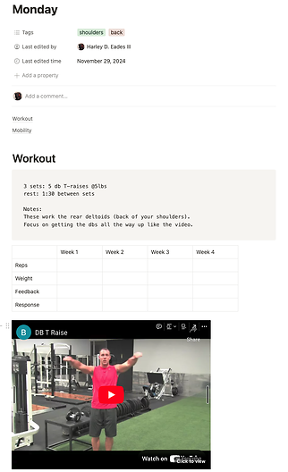 An example training day is shown with a workout description and movement videos.